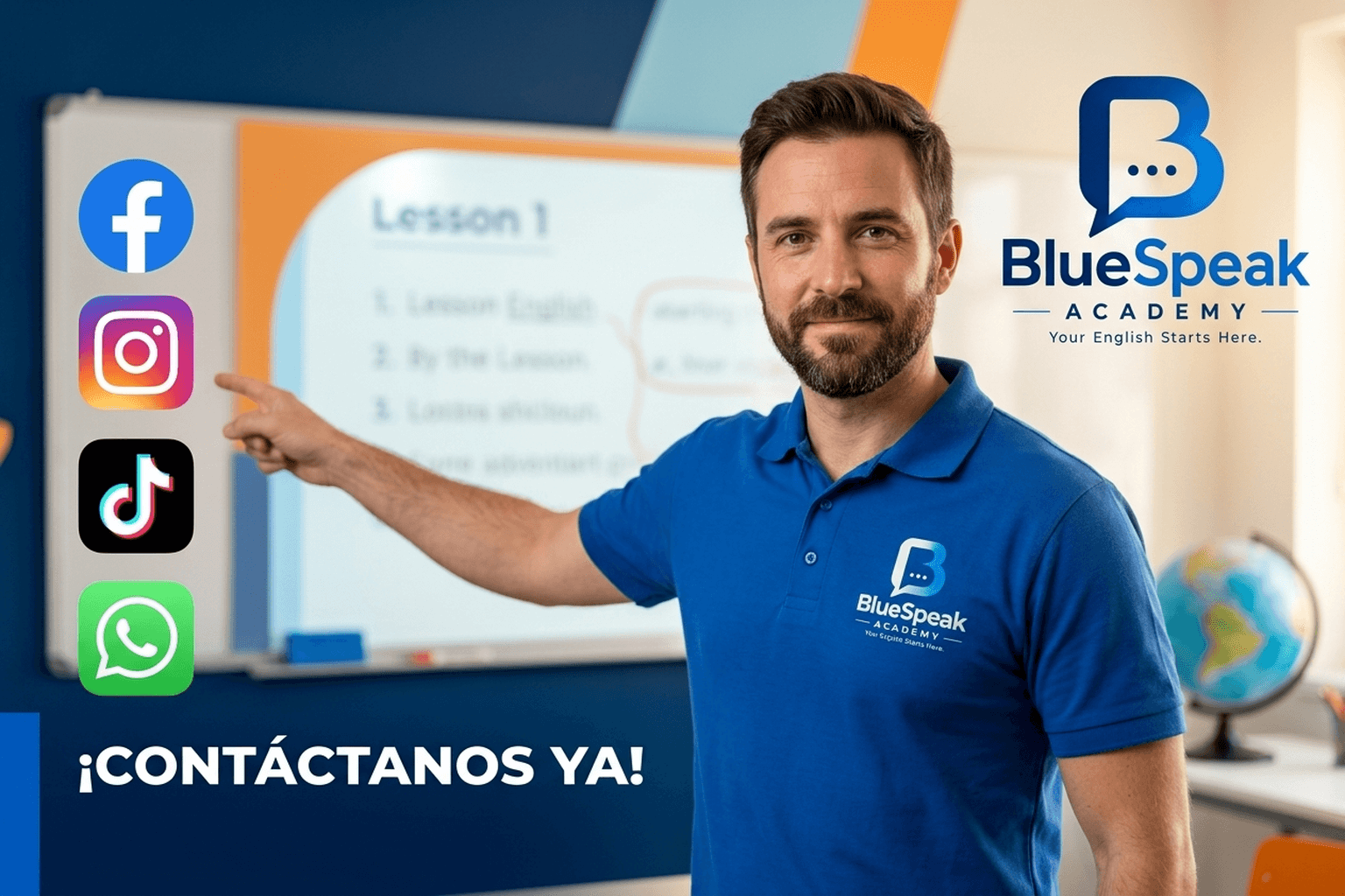 Profesor de BlueSpeak Academy señalando hacia el texto de contacto.