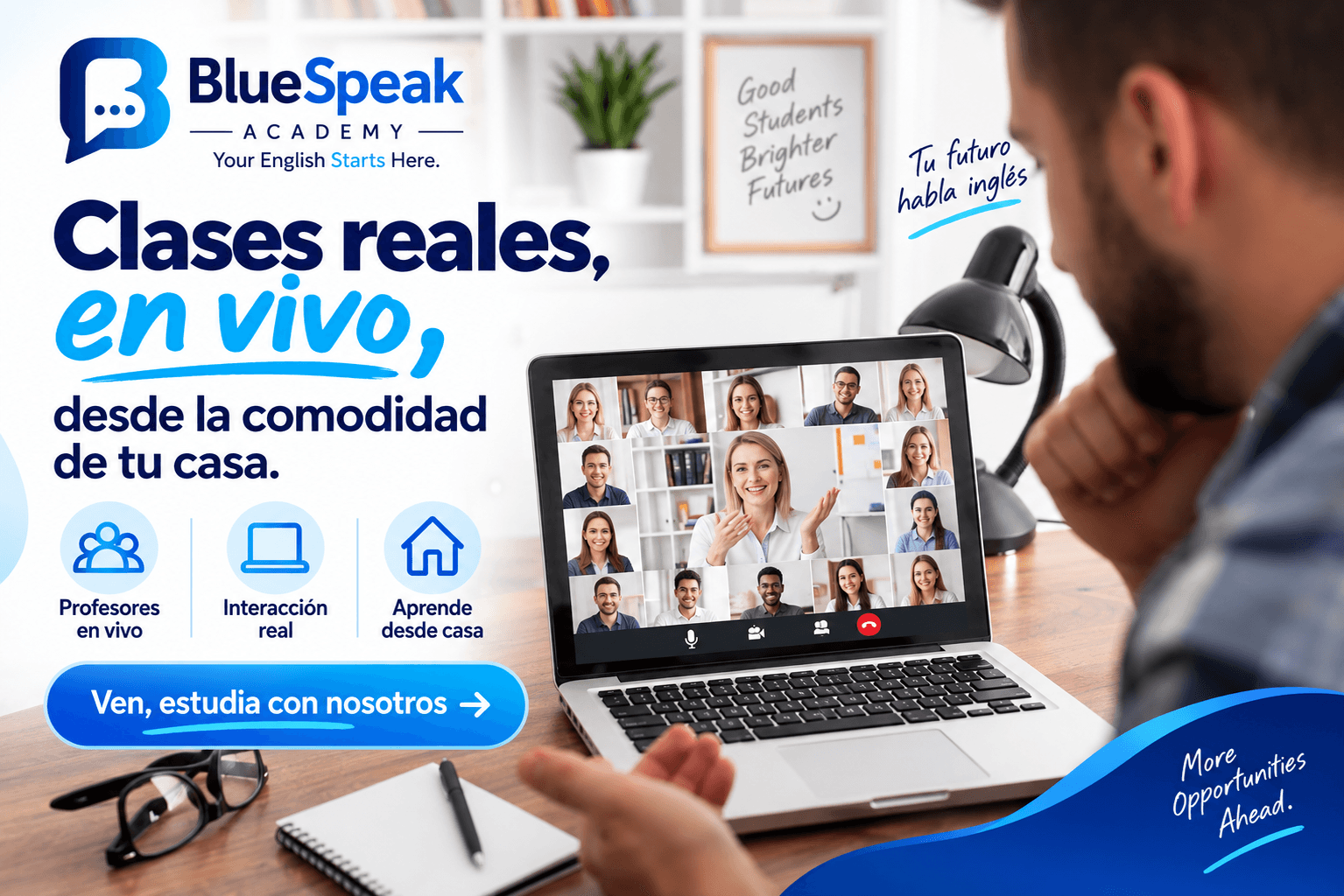 Clases reales y en vivo desde la comodidad de tu casa: estudiante en videollamada grupal con profesores de BlueSpeak Academy.